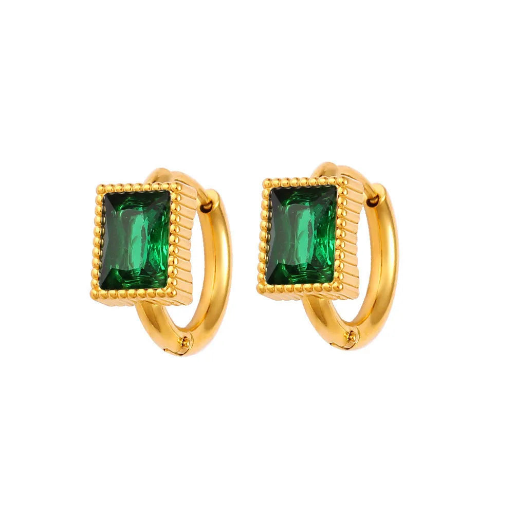 Square geometric stainless steel earrings with zircon cubic zirconia stones in white, black and green colours