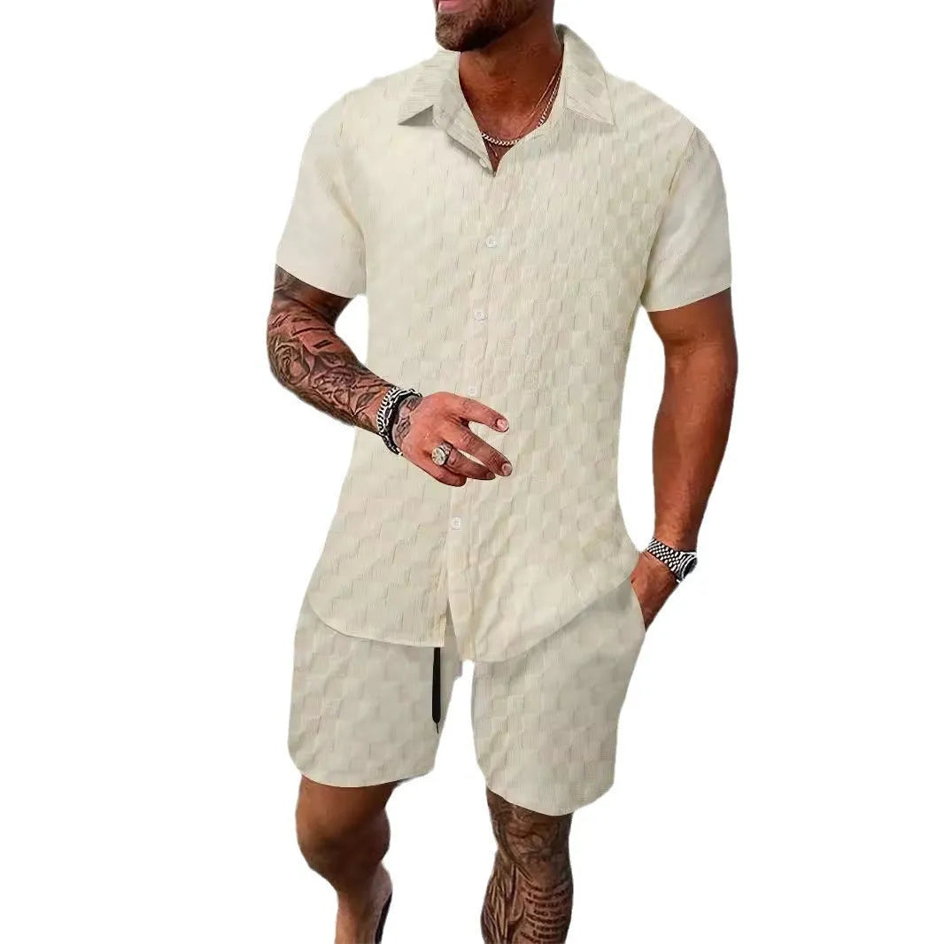 Men's chemical fibre casual suit set with short sleeve shirt and matching shorts in beige colour