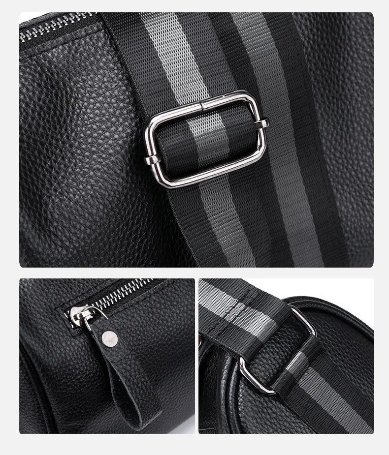 Black genuine leather one-shoulder crossbody bag showing front view and dimensions