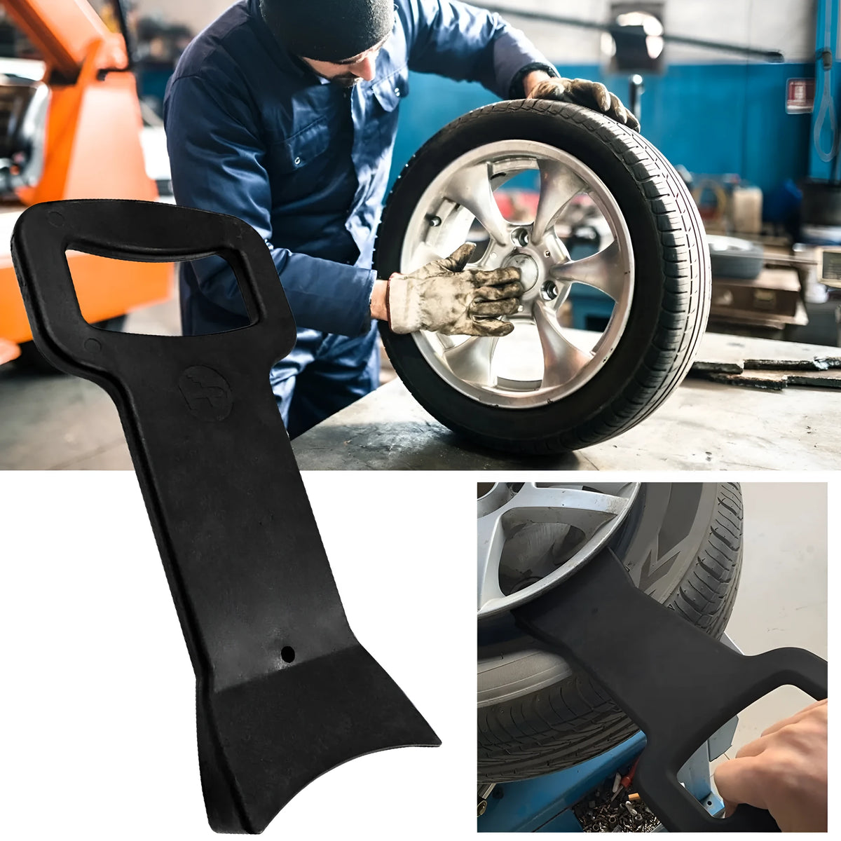 Black composite plastic tyre changer bracket for 17.5 to 24.5 inch tyres, 30cm x 15cm, 530g, wheel guard tool