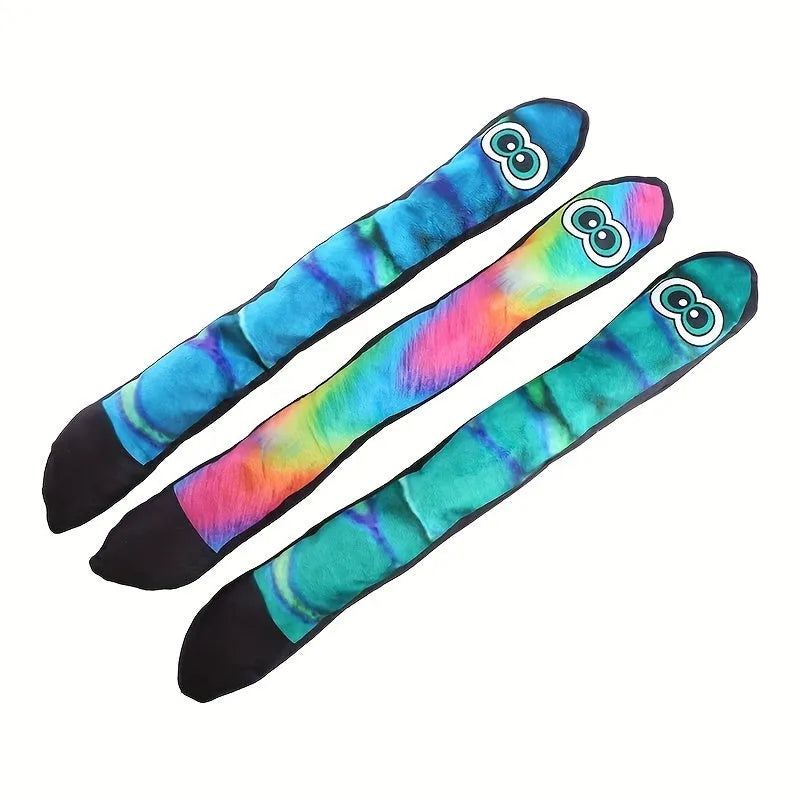 Snake-shaped plush dog squeak toy with printed stripes in multiple colour options