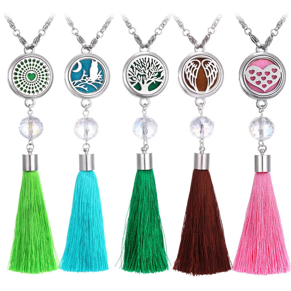 Alloy metal car fragrance pendant with tassel on a 50cm chain, shown with scented cotton pieces.