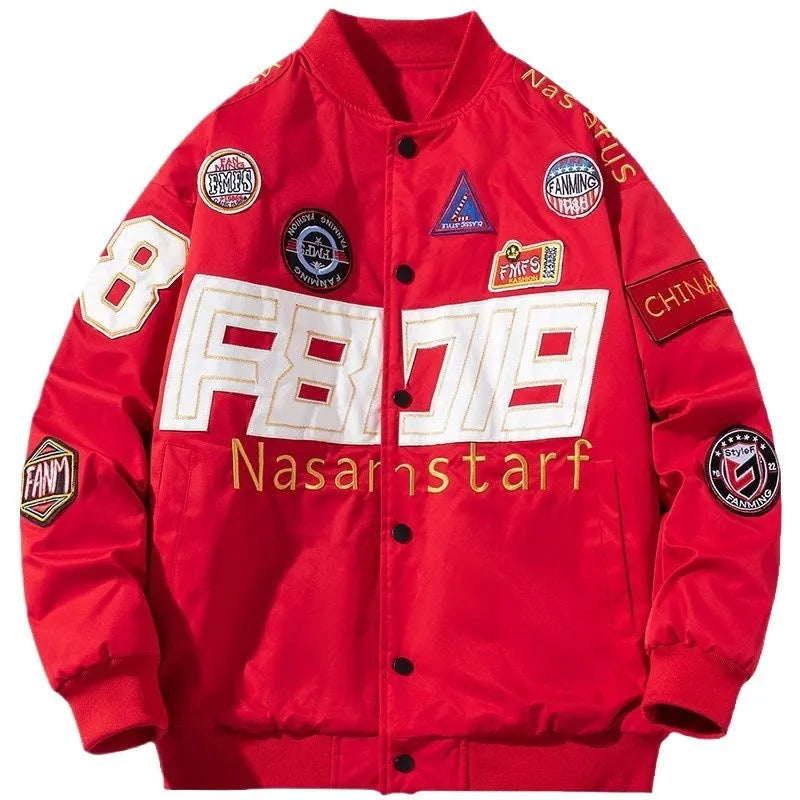Men's thick motorcycle jacket racing suit with embroidered baseball design in black, blue, and red colours
