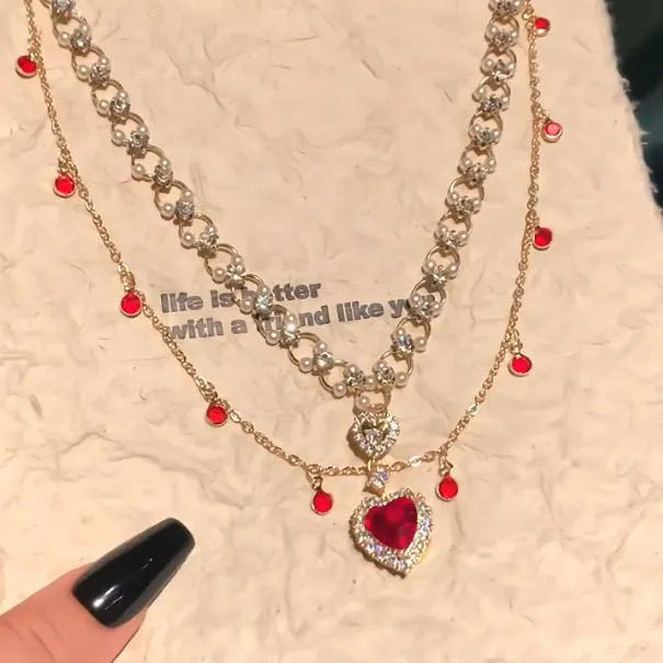 Red love heart pendant on double layer alloy necklace with adjustable chain