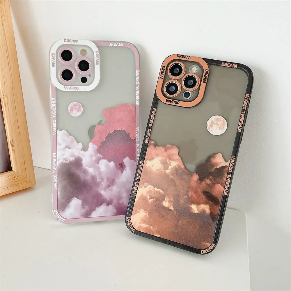 Sunset clouds design TPU phone case for iPhone models showing orange, pink, and blue colour options