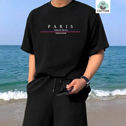 Men's loose fit short sleeve T-shirt with a letter print, shown in apricot colour.