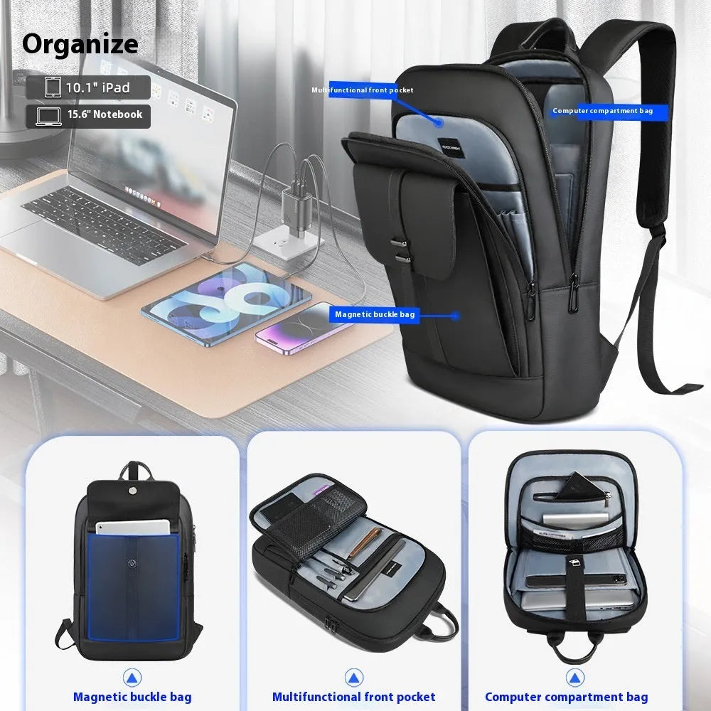Black lightweight Oxford cloth backpack with visible sewing lines for business commuting