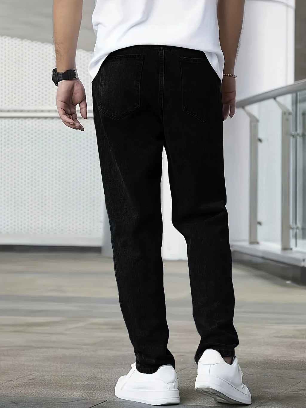 Men's black straight-leg cotton jeans mid-rise zip fly casual trousers front view