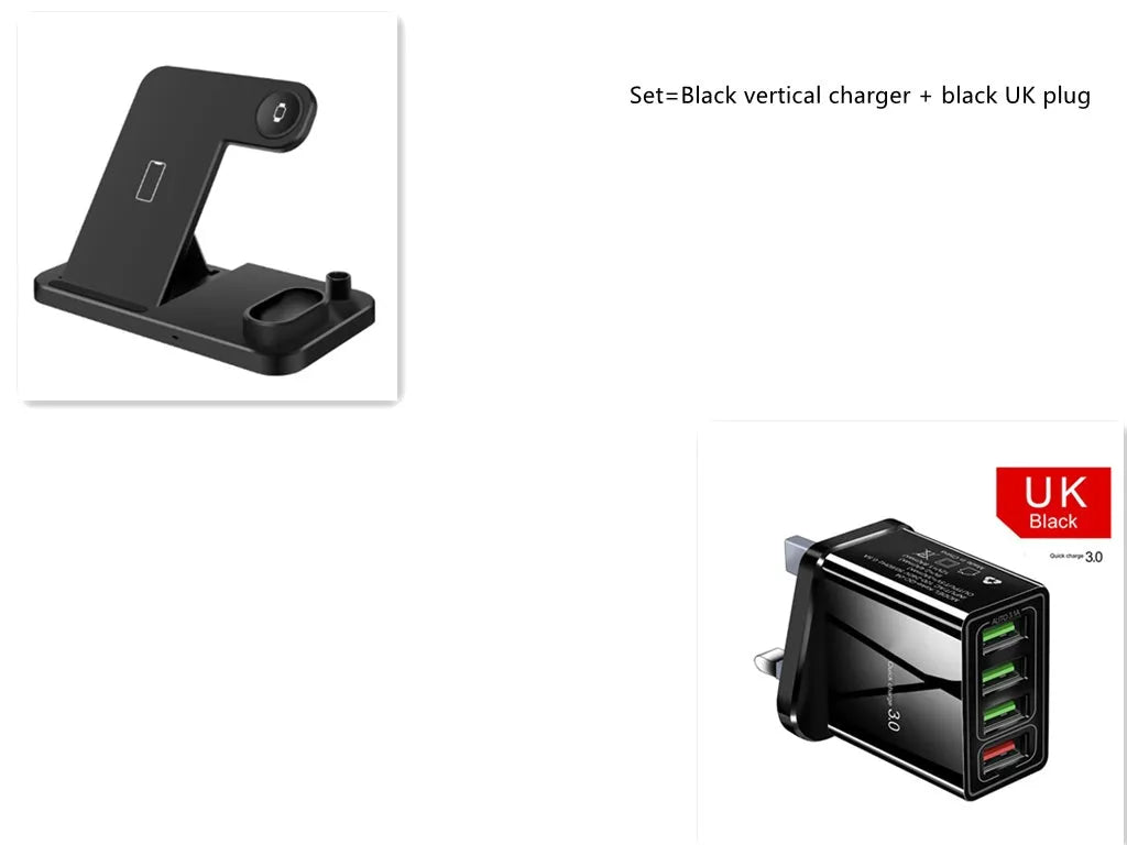 4-in-1 wireless charging station with phone, Apple Watch, and AirPods on adjustable magnetic stand
