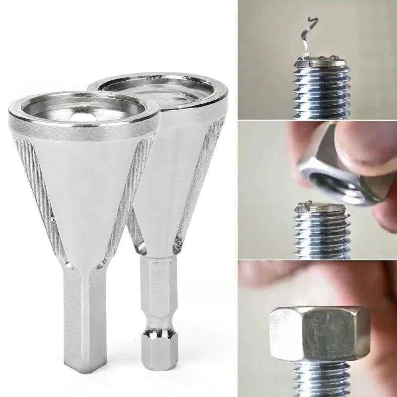 Single high-speed steel deburring chamfering drill bit with hexagonal three-groove shank on neutral background