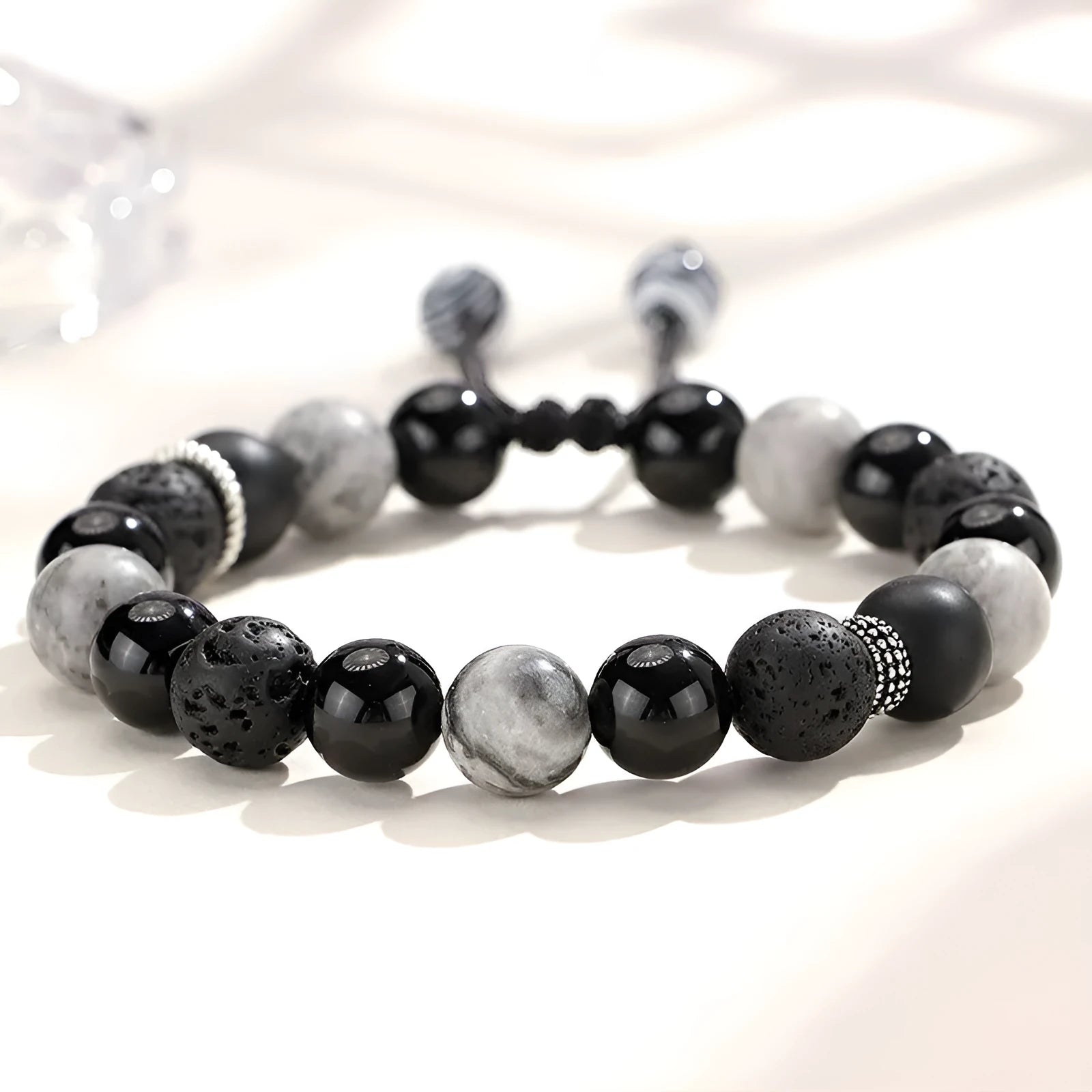 Black agate map stone volcanic bracelet with diamond-shaped beads in 8mm and 10mm sizes
