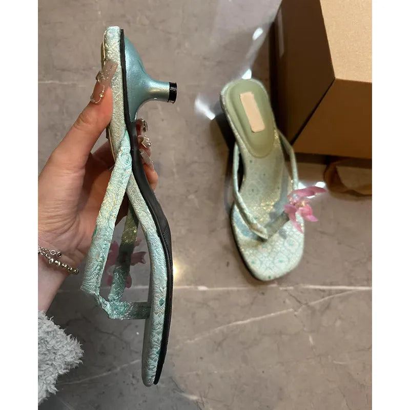 Blue cowhide leather square-toe flower flip-flop for women, size 37, street style
