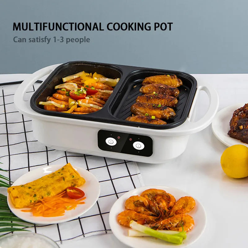 White or green electric hot pot with frying oven function, 1300W power, 390mm length