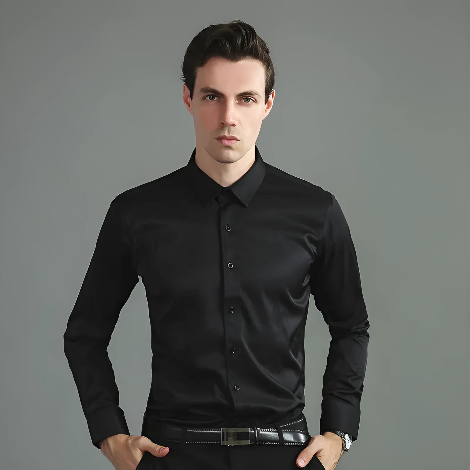 Casual four-way stretch long sleeve shirt in solid colour, slim fit cardigan style with 60 count synthetic fibre fabric