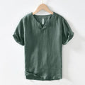 Linen pullover short sleeve t-shirt top in khaki colour with relaxed fit and tunic length