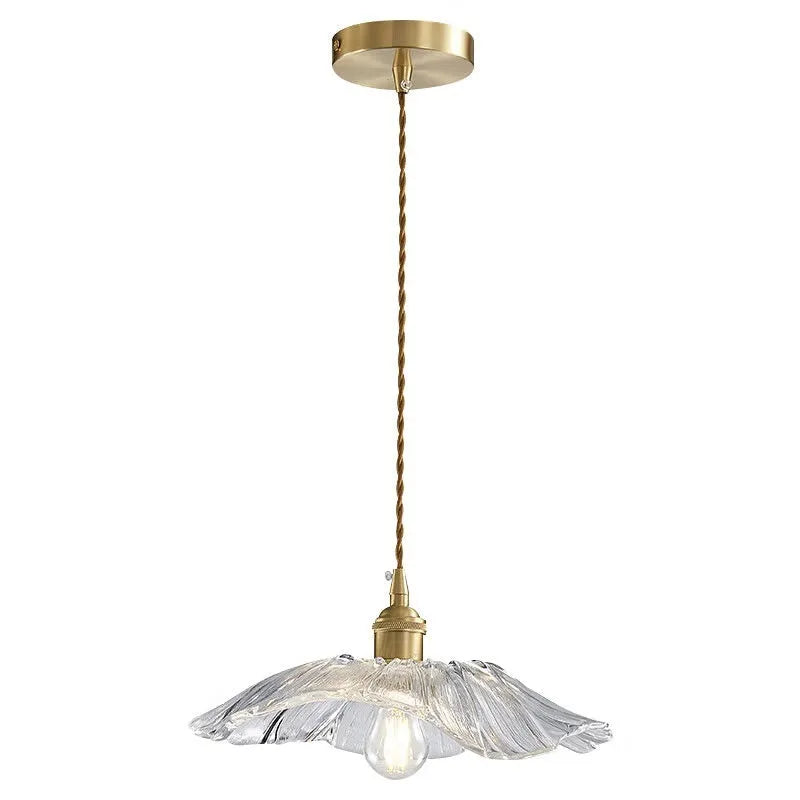 Nordic-style lotus leaf shaped glass lampshade LED light with iron body, shown as ceiling and pendant light.