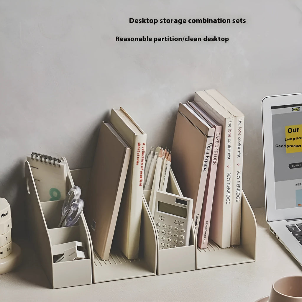Two-layer plastic desktop storage box for documents and stationery in ivory white colour