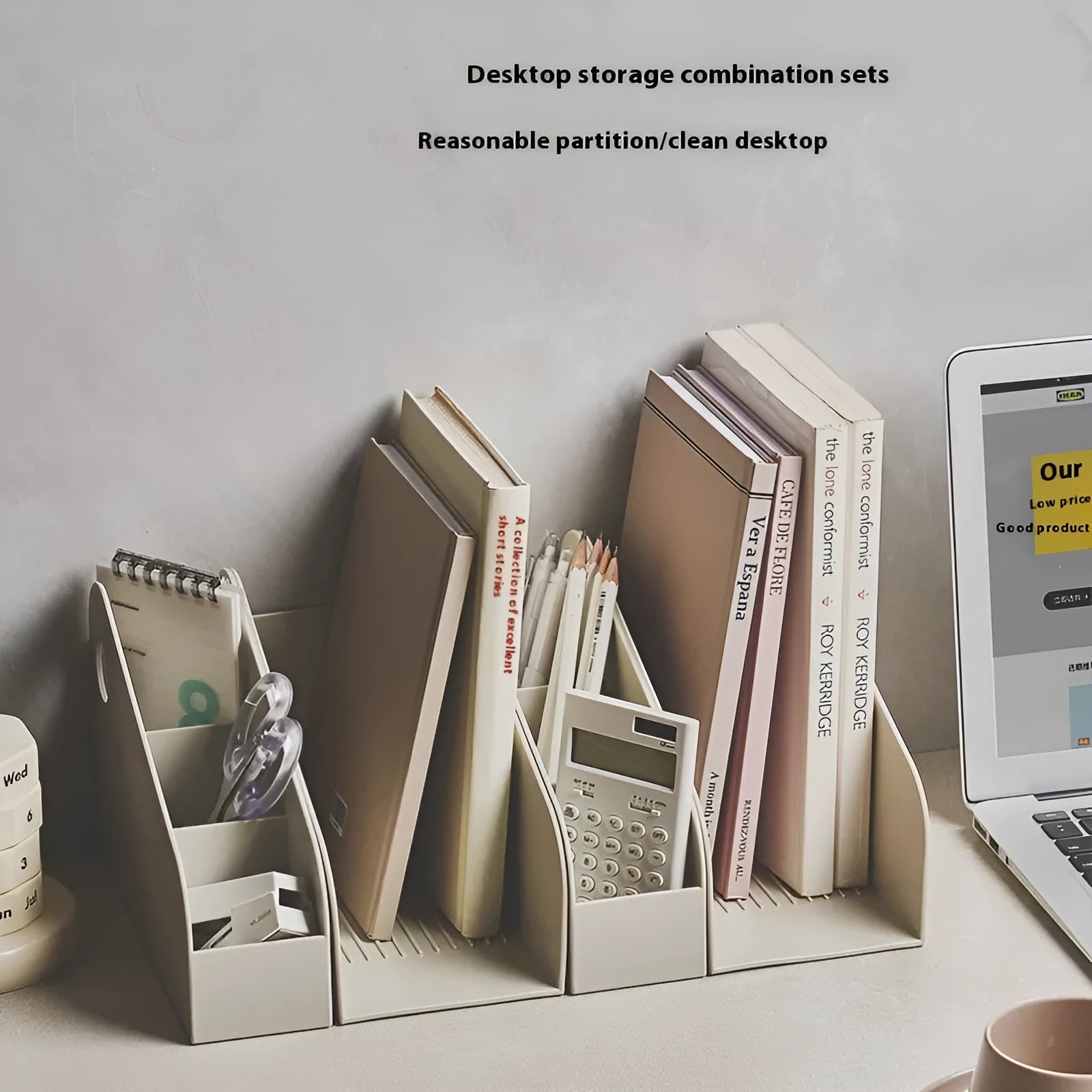 Two-layer plastic desktop storage box for documents and stationery in ivory white colour