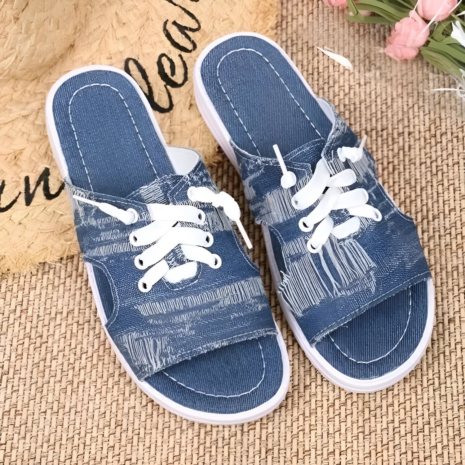 Blue Roman style flat canvas slippers for women with a cloth upper and rubber sole