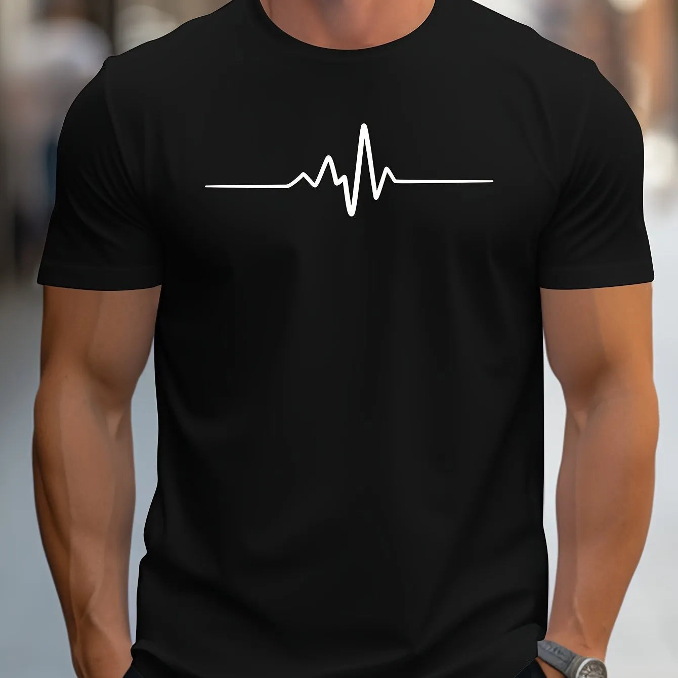 Men's loose fit black T-shirt featuring a white 3D sports pattern design on the front.