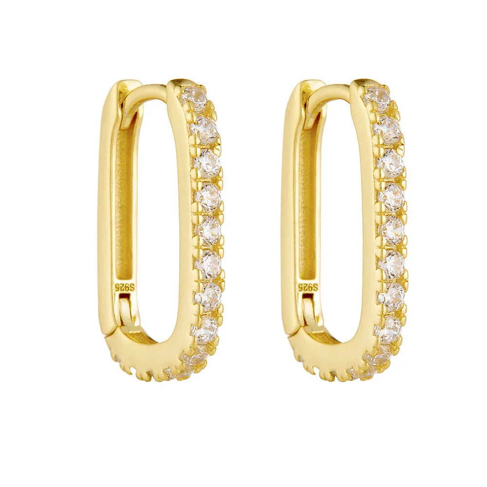 S925 sterling silver oval zircon ear clip earrings with geometric European design in white or yellow colour