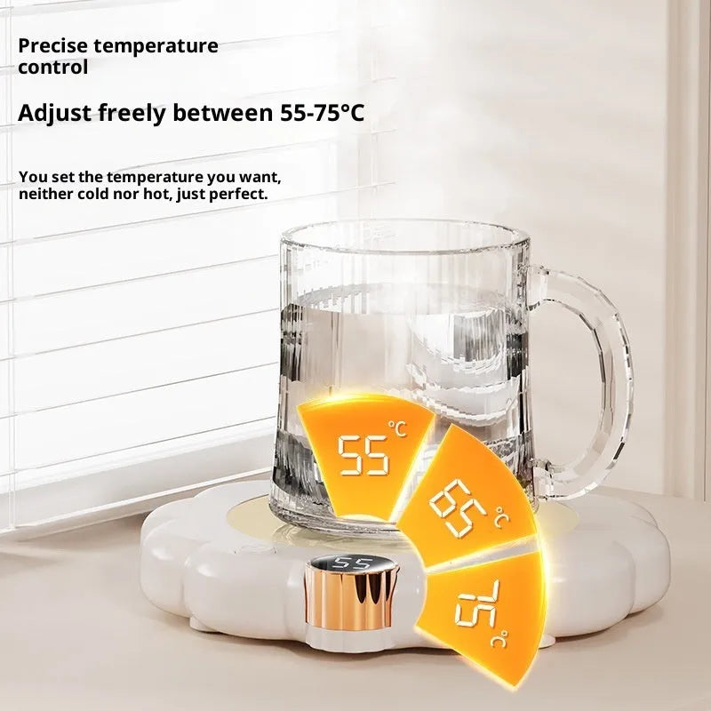 White plug-in thermal coaster on desk with push-button controls and power cord