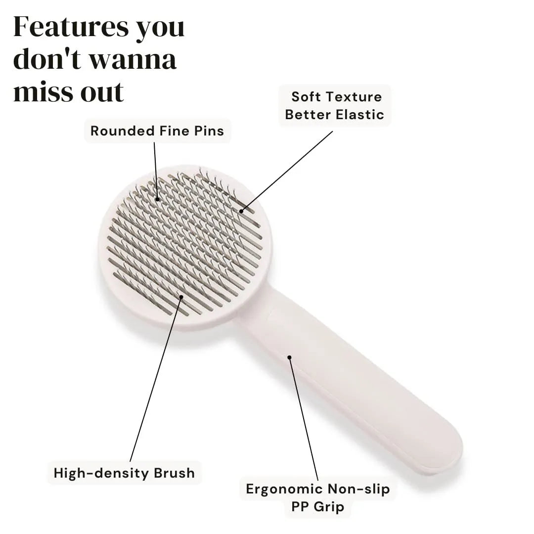 Blue self-cleaning slicker brush for pet grooming with ergonomic rubber handle