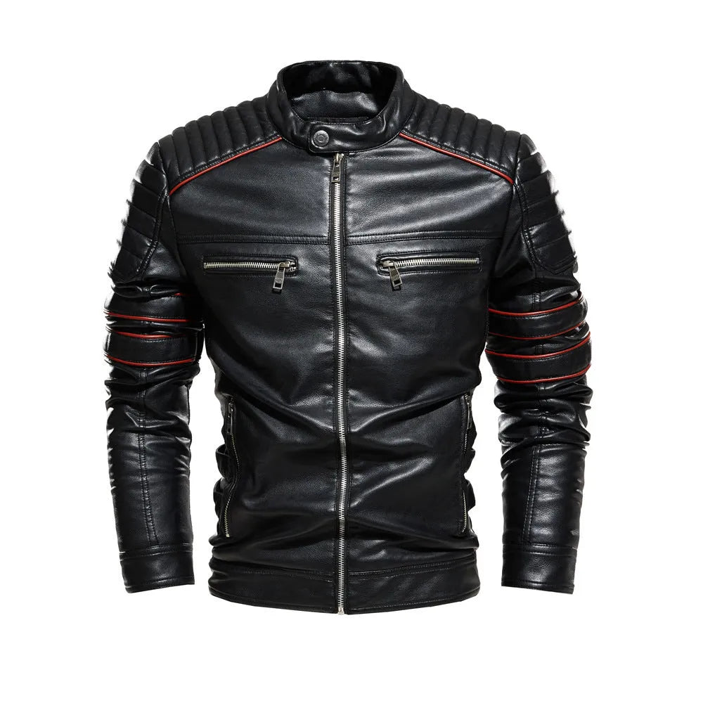 Men's fleece-lined motorcycle jacket with stand-up collar, cotton, black red brown, sizes L to 3XL