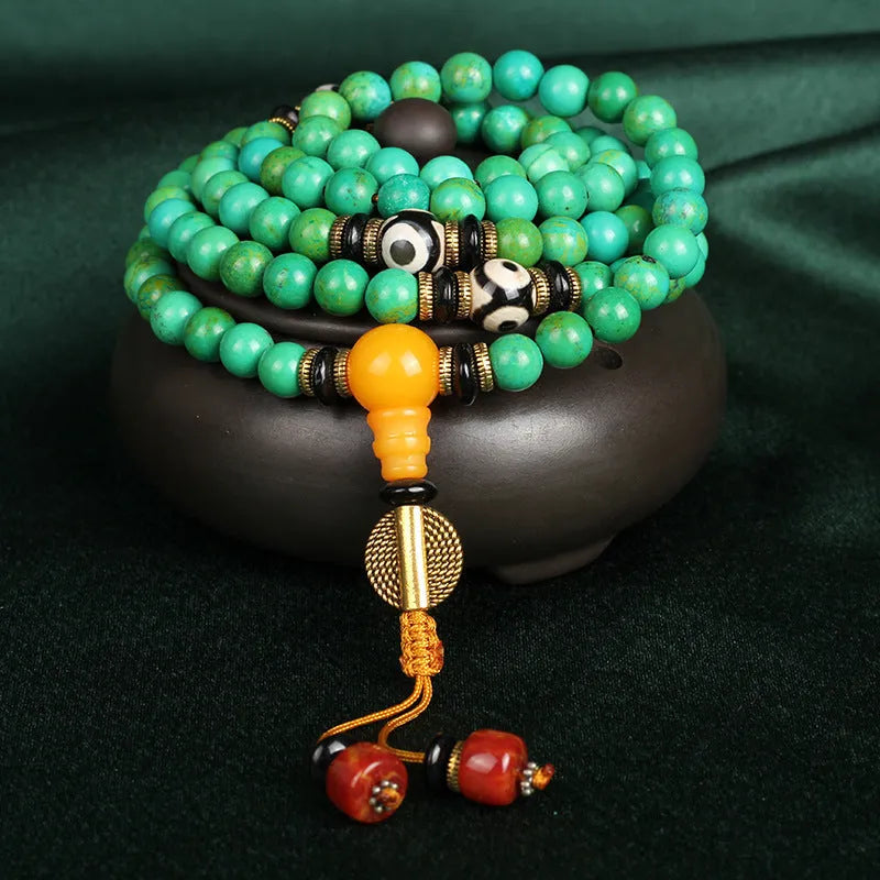 108 polished natural turquoise beads arranged for bracelet making with 8mm round sizing