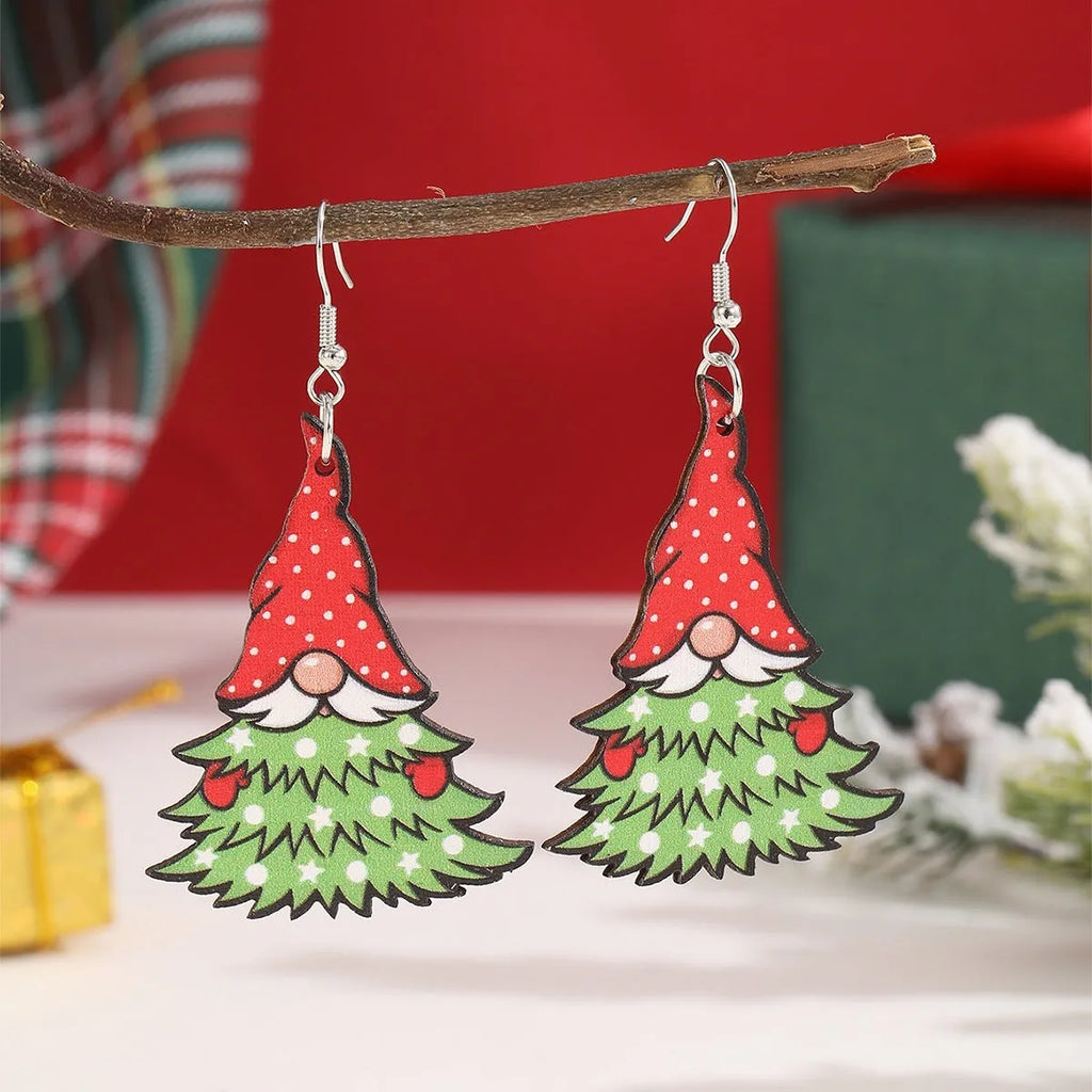 Women's wooden Christmas earrings with geometric shapes featuring Christmas tree and snowman designs