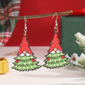 Women's wooden Christmas earrings with geometric shapes featuring Christmas tree and snowman designs