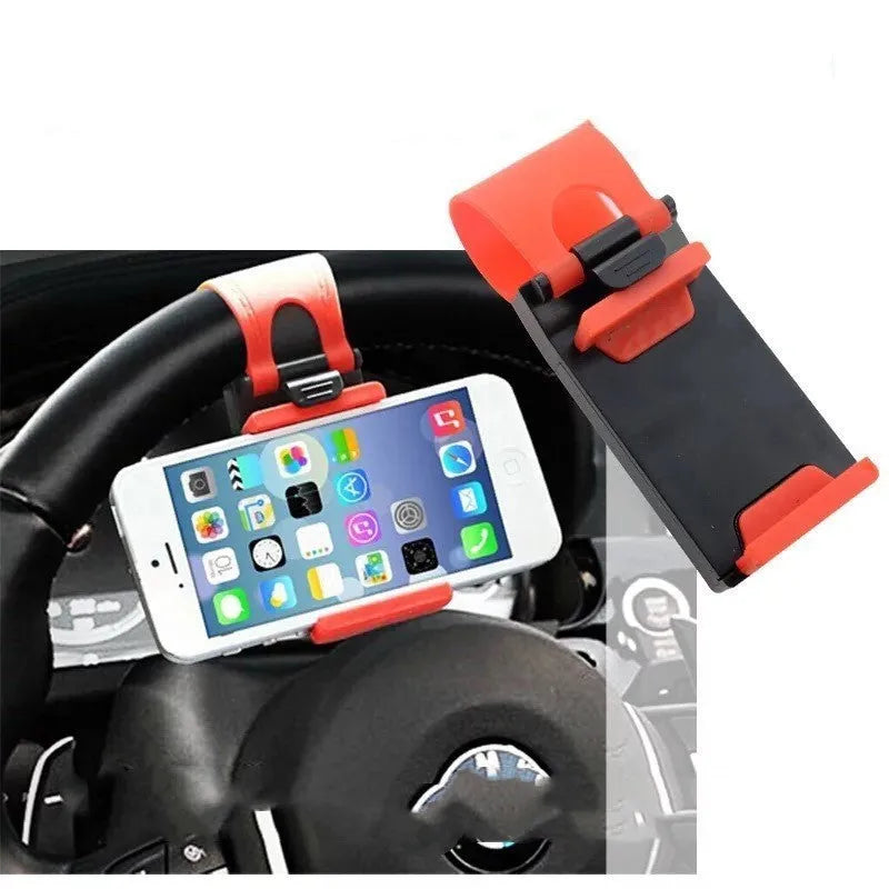 Black ABS plastic car steering wheel phone holder showing mounting position