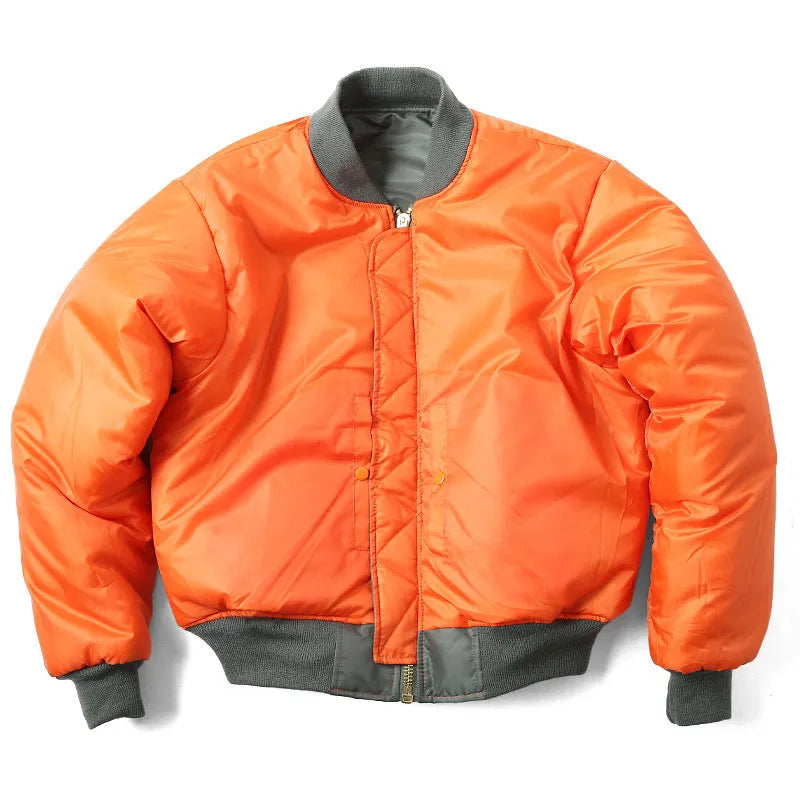 Men's army green loose fit nylon pilot jacket with cotton padding on a hanger.