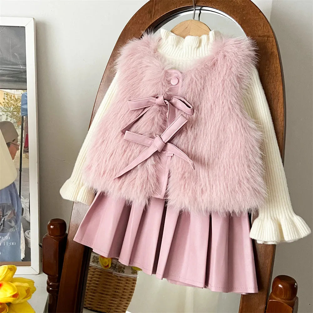 Girls autumn winter fur waistcoat leather skirt suit set in solid colour Korean style for 110cm to 150cm height