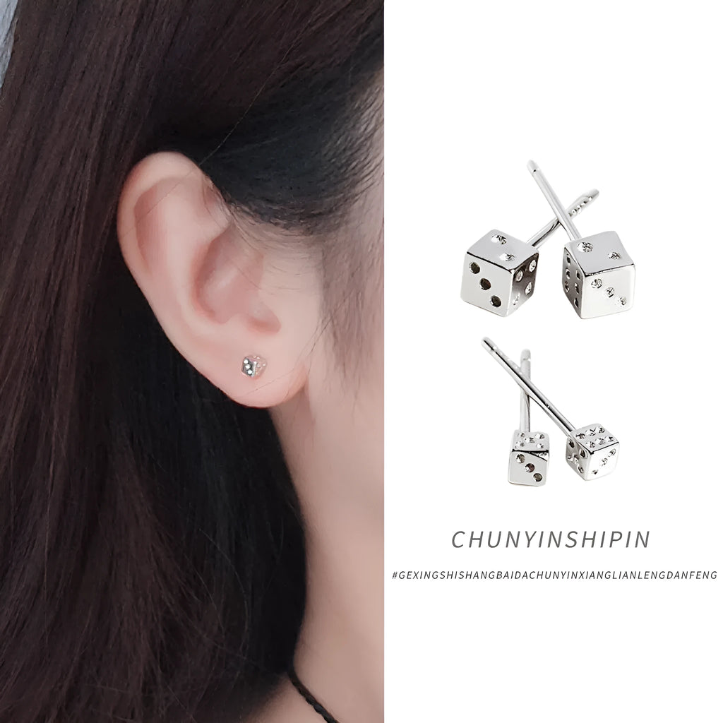 S925 sterling silver dice stud earrings in two sizes, geometric quadrilateral shape, on white background