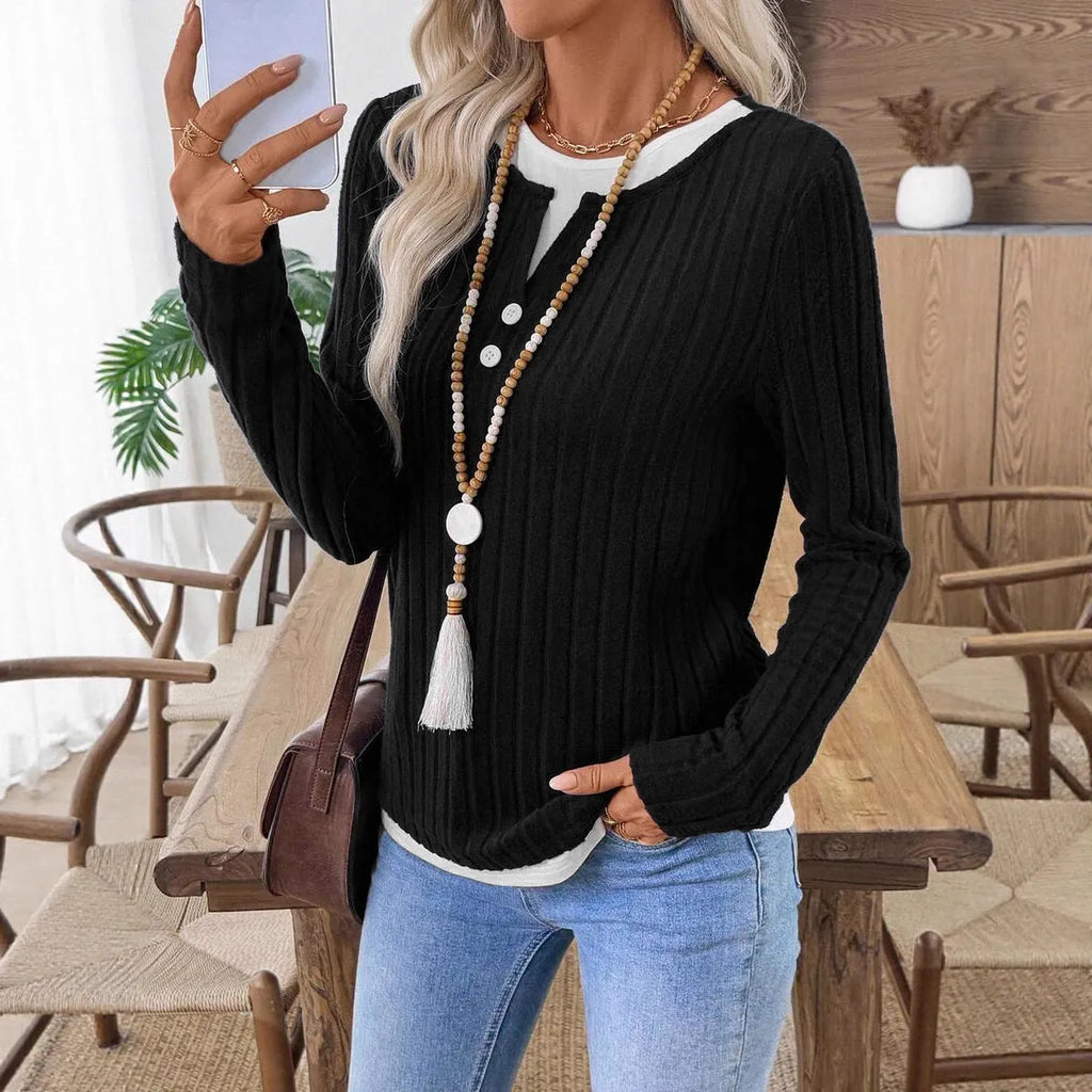 Women's concave stripe polyester pullover sweater with fake two-piece button detail in street fashion style