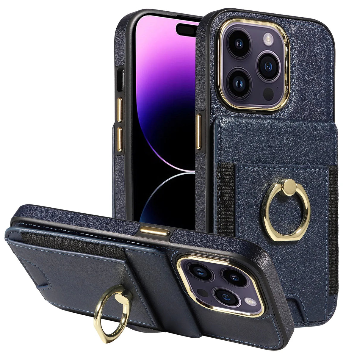 Black imitation leather phone case with card slot, bracket, and magnetic back for iPhone