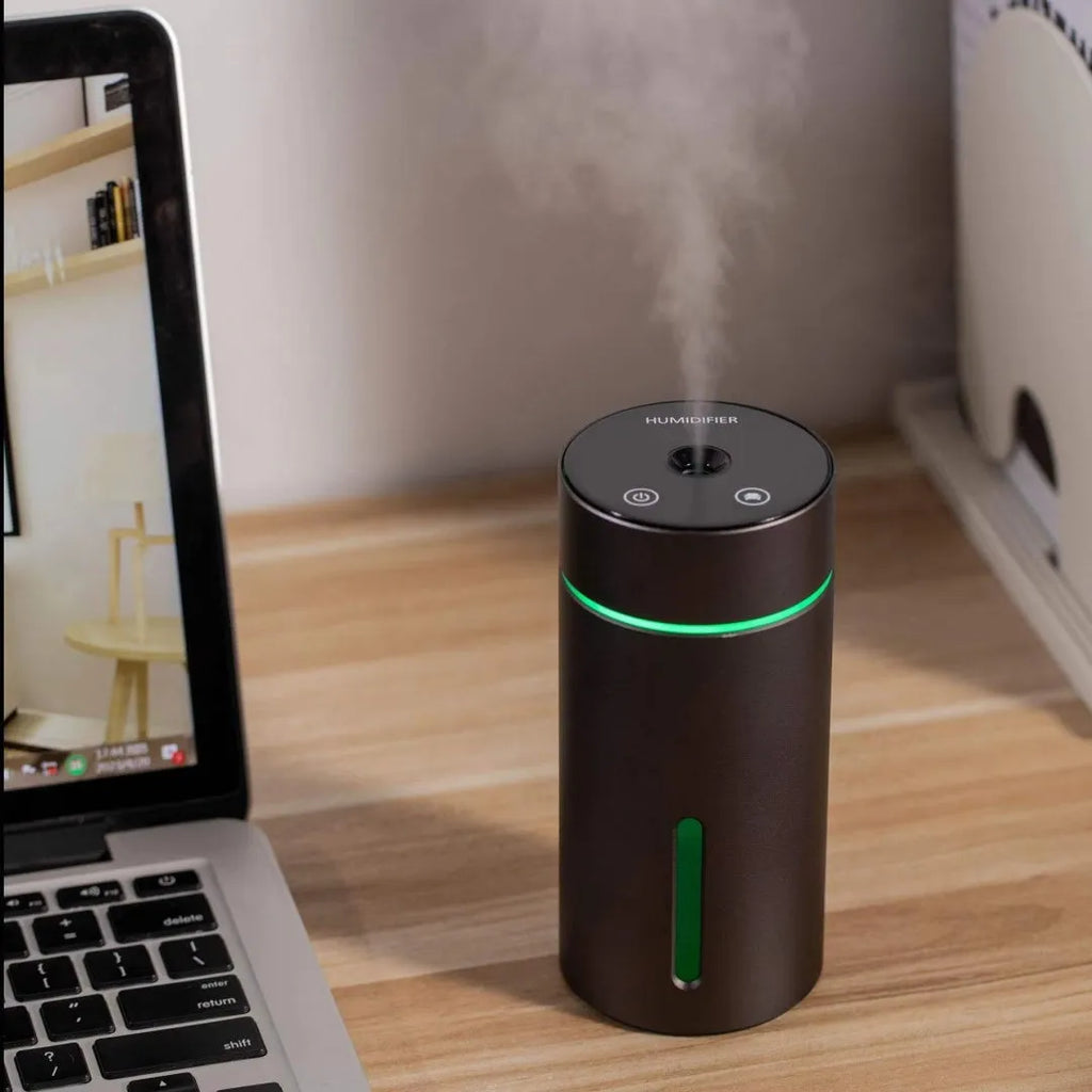 Black aluminium car humidifier with USB cable, 260ml capacity, and colourful night light