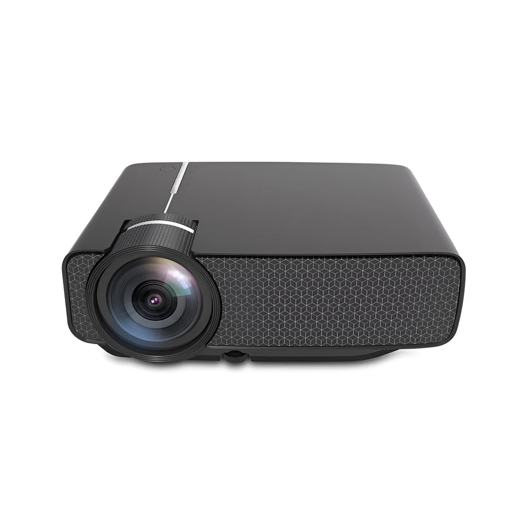 YG400 black HD LED home projector on a table with a large projected movie scene