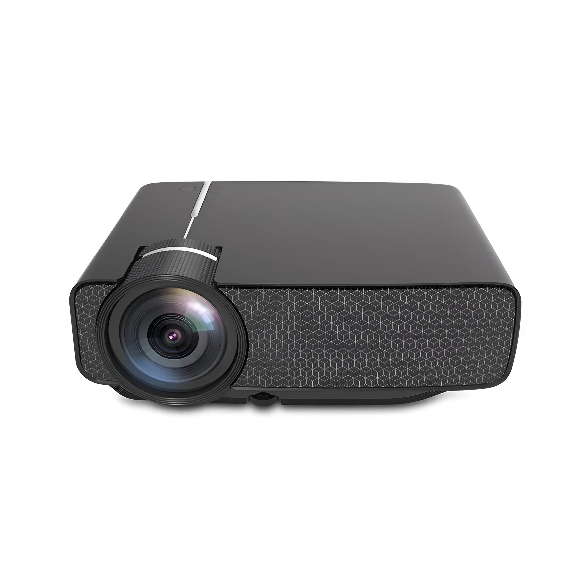 YG400 black HD LED home projector on a table with a large projected movie scene
