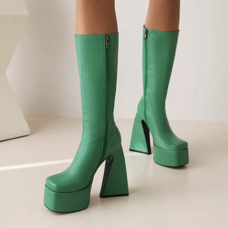 Women's artificial PU leather high boots in black, red, blue, and white colours showing ankle and lower calf coverage