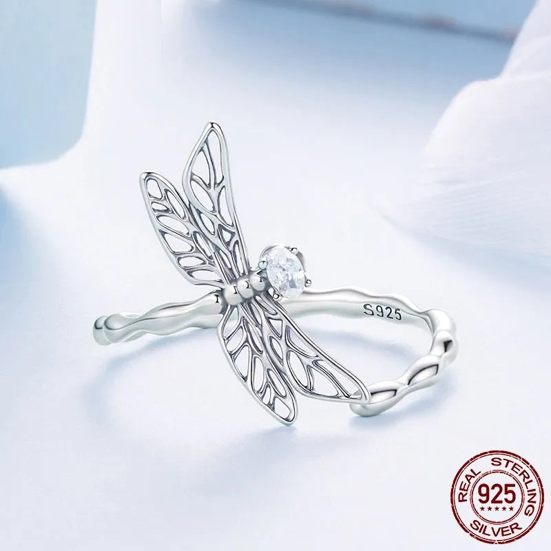 S925 Sterling Silver Dragonfly Open Ring with Inlaid Zircon Adjustable Size