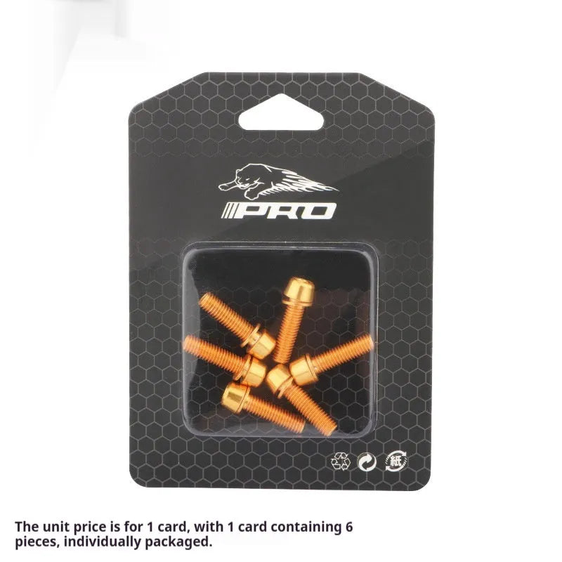 Set of six coloured M5 stainless steel mountain bike riser bar fixing screws on a card.