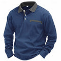 Man wearing a long-sleeved waffle-texture polo shirt in a solid colour, showcasing the retro style and asymmetric detail.