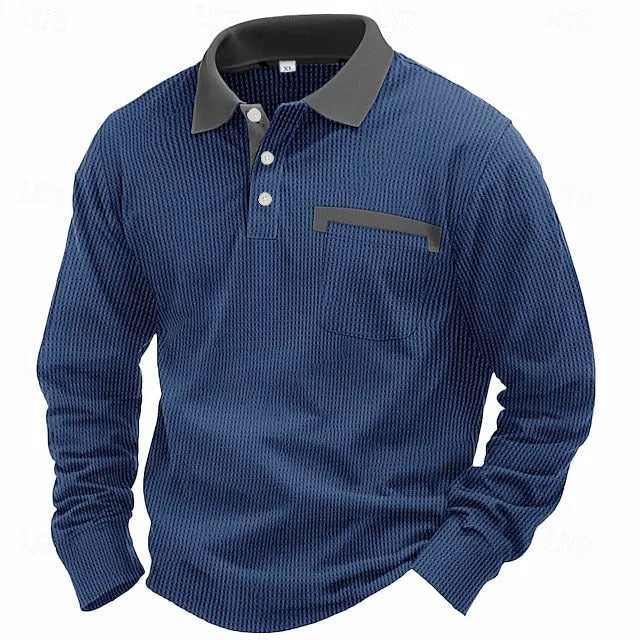 Man wearing a long-sleeved waffle-texture polo shirt in a solid colour, showcasing the retro style and asymmetric detail.