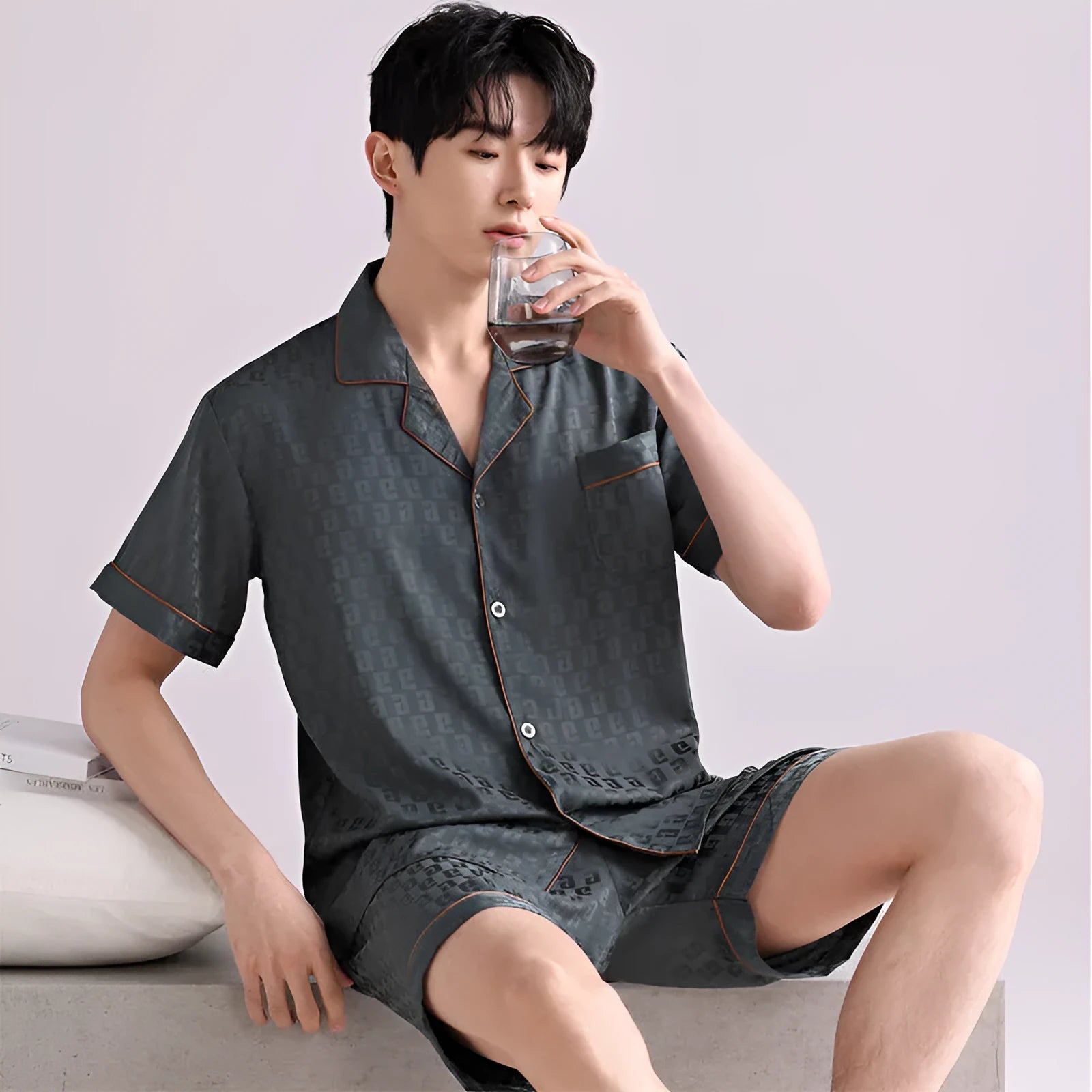 Men's ice silk summer pajama set in artificial silk with cardigan top and shorts