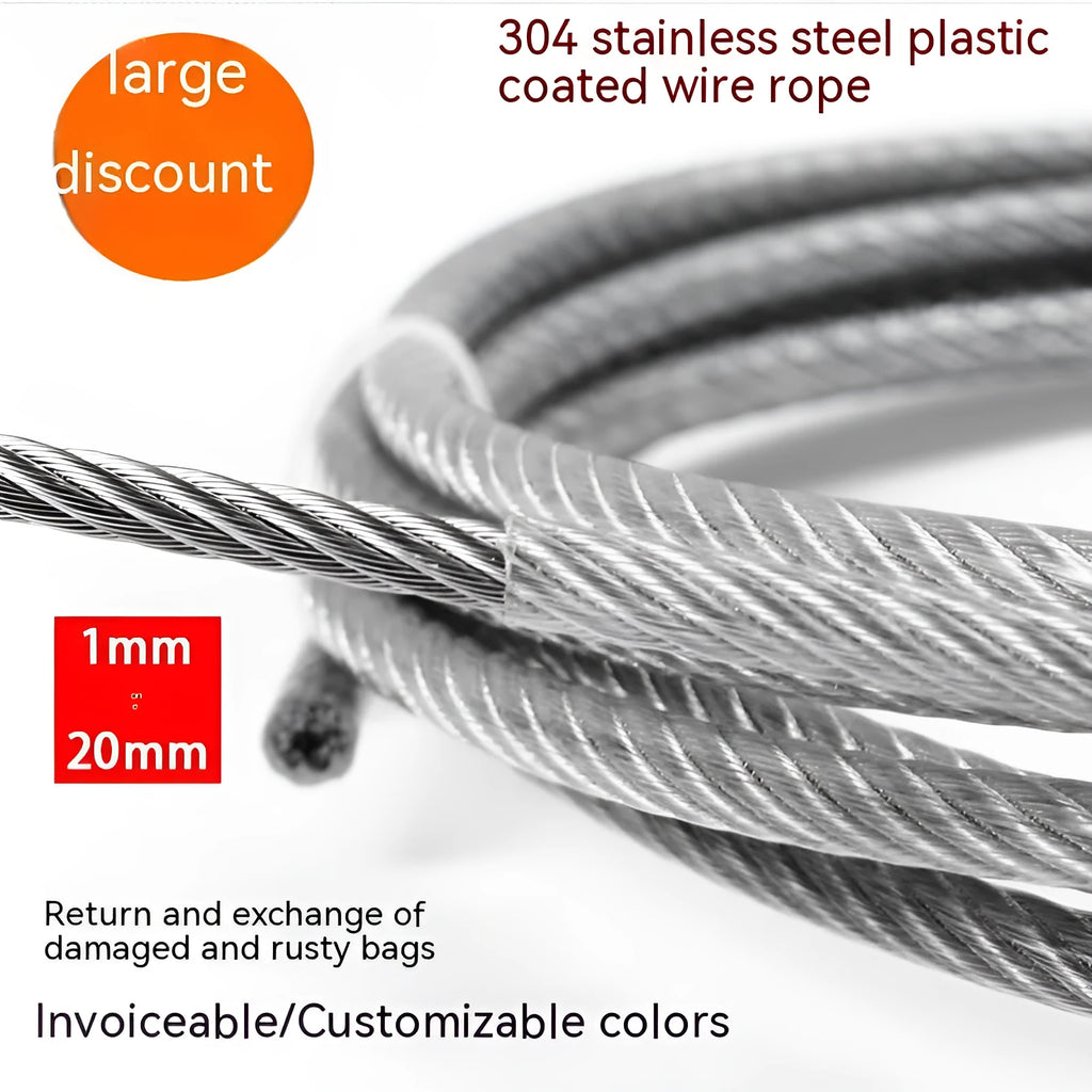 Black coated 304 stainless steel anti-theft security wire rope on a reel showing its multi-strand construction.