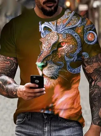 Men's grey t-shirt with a fierce lion's head 3D graphic print on the front.