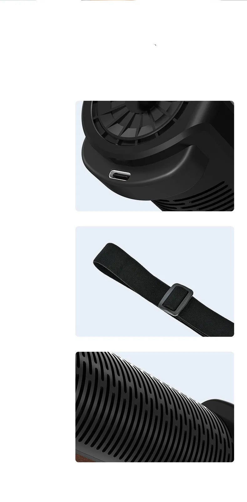 Bladeless car fan with USB connection and three speed buttons in black colour