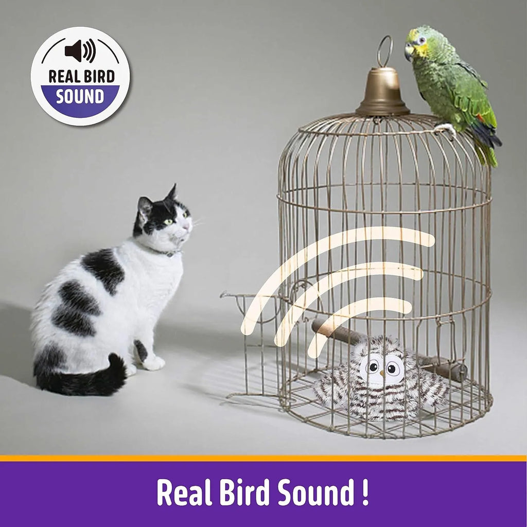 Grey owl-shaped interactive cat toy with automatic chirping and wing-flapping functions